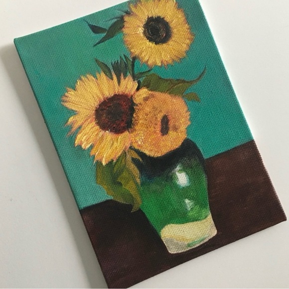 Original Sunflowers vase painting Van Gogh style green yellow flowers on canvas